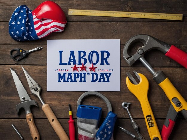 Photo background of labor day with a sign and tools