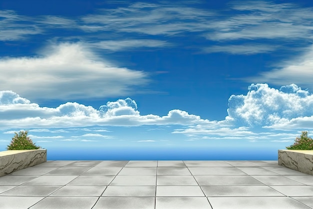 Background of a landscape with a blue sky lovely clouds and an empty concrete floor