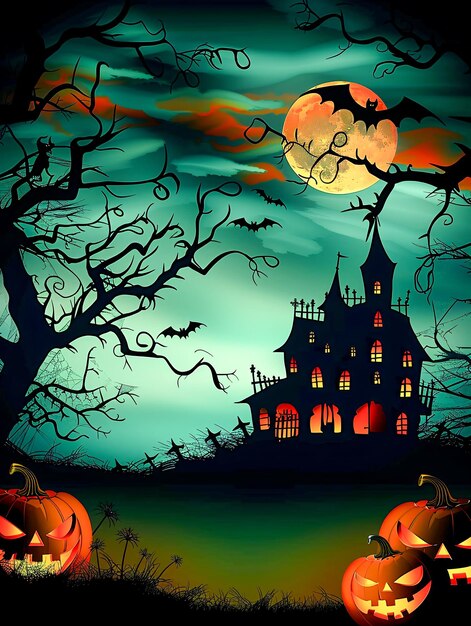 background of landscape with haunted mansion Jack OLantern pumpkins and full moon