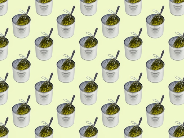 Background of a large number of open cans with green peas