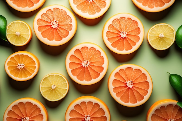 Background of many sliced fresh grapefruits top view