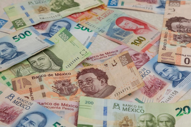 Background of Mexican pesos bills of different denominations