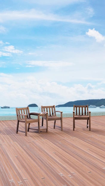 Background of minimal outdoor lounging terrace and chair seat with sea and cruise view 3D illustration rendering