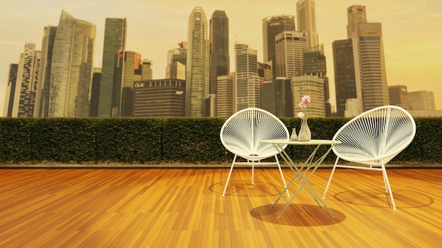 Background of minimal outdoor lounging terrace and chair with beautiful sunset city view 3D illustration rendering