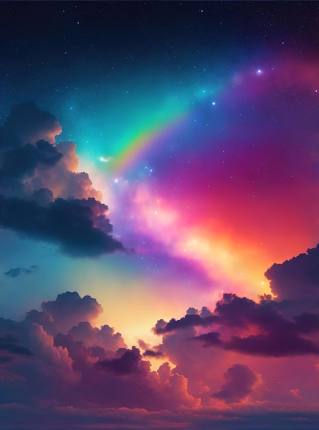 Background of a multicolored cloudy sky with a rainbow at sunset