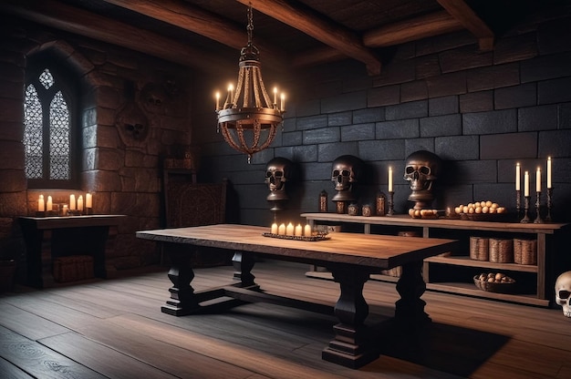 Background at mystical dark interior of medieval castle room with wooden table with skulls and bones against an ancient stone wall with door Scary backgrounds for Halloween Copy space text place