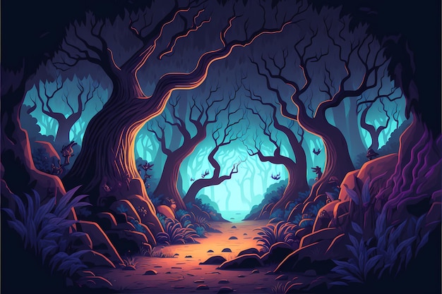 Background mystical forest illustration, Cartoon Style landscape,endless nature background