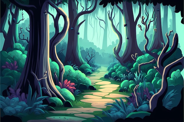 Background mystical forest illustration, Cartoon Style landscape,endless nature background