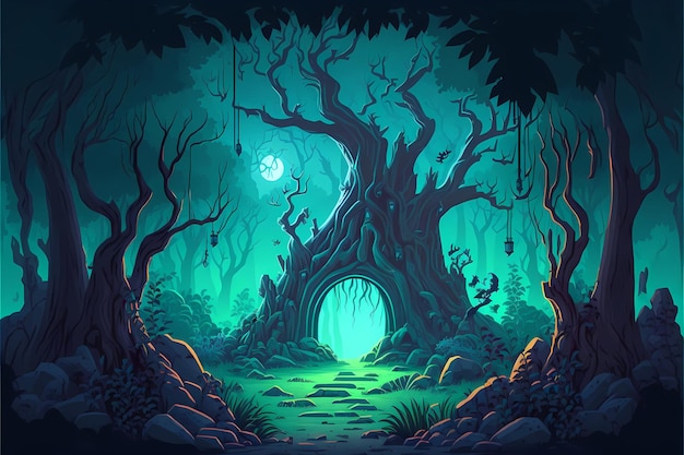 Background mystical forest illustration, Cartoon Style landscape,endless nature background