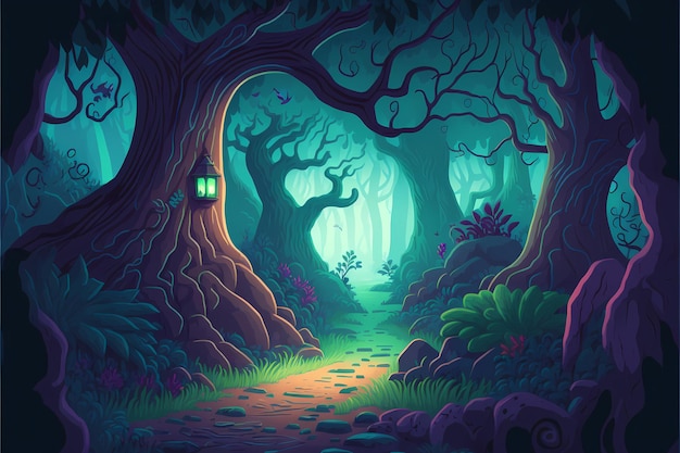 Background mystical forest illustration, Cartoon Style landscape,endless nature background