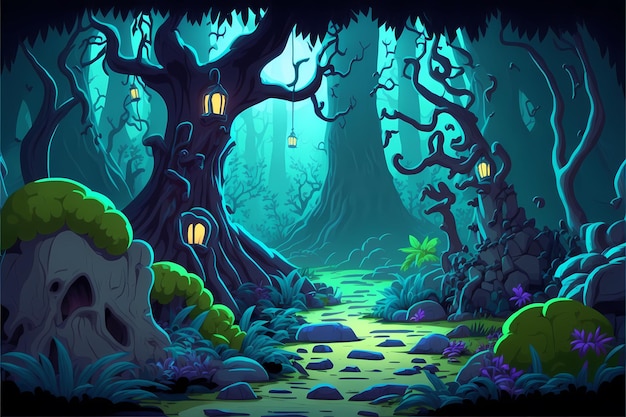 Background mystical forest illustration, Cartoon Style landscape,endless nature background