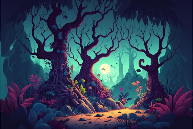 Background mystical forest illustration, Cartoon Style landscape,endless nature background