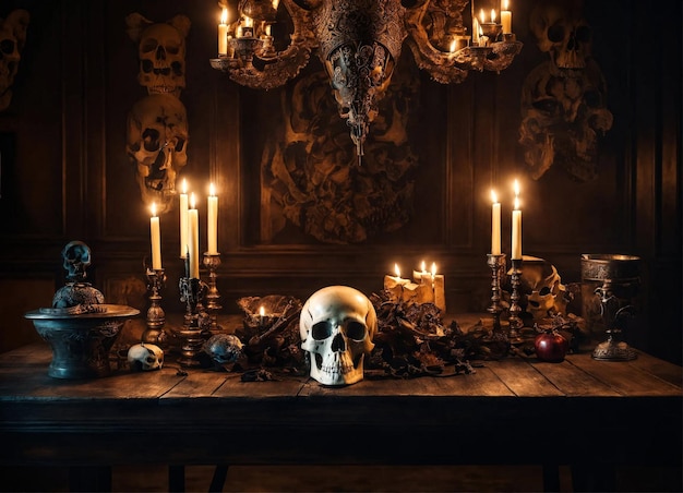 Background at mystical interior of medieval castle room with wooden table with skulls and bones against an ancient stone wall with door Scary backgrounds for Halloween Copy space text place