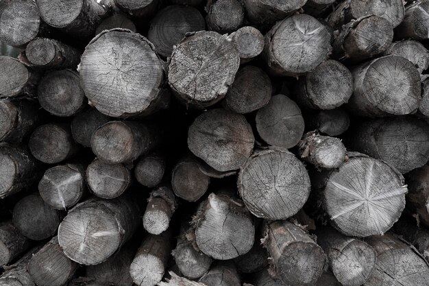 Photo background of old round logs, dark black and white and textured.