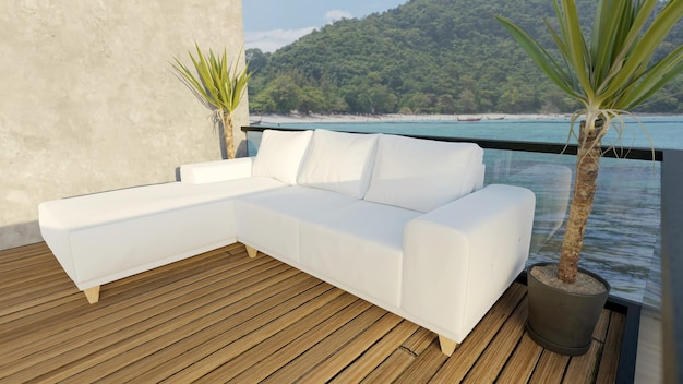 Background of outdoor lounging terrace and sofa chair with beautiful beach view 3D illustration rendering