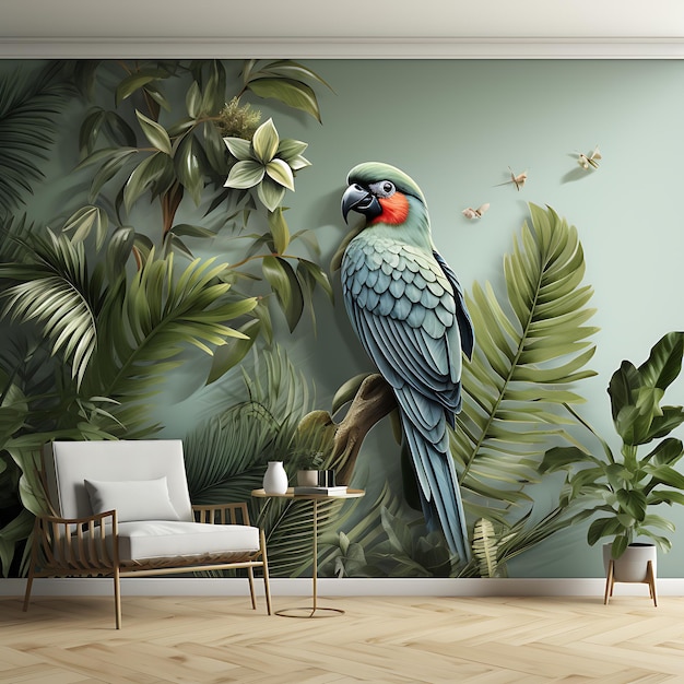 Photo background palm leaf wallpaper with a tropical bird wall decal lush gre creative popular materials