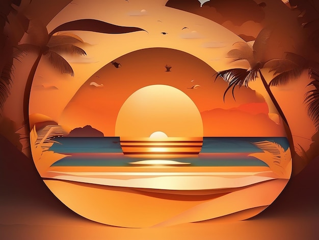 Background paper cutout round sunset beach