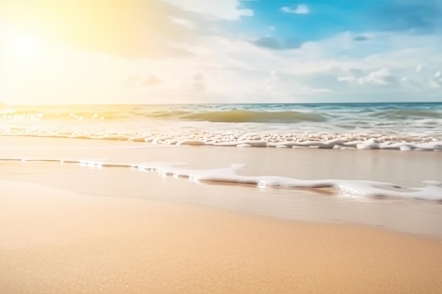 Background of a paradise beach with white sand and turquoise sea with sunbeams Ai generative