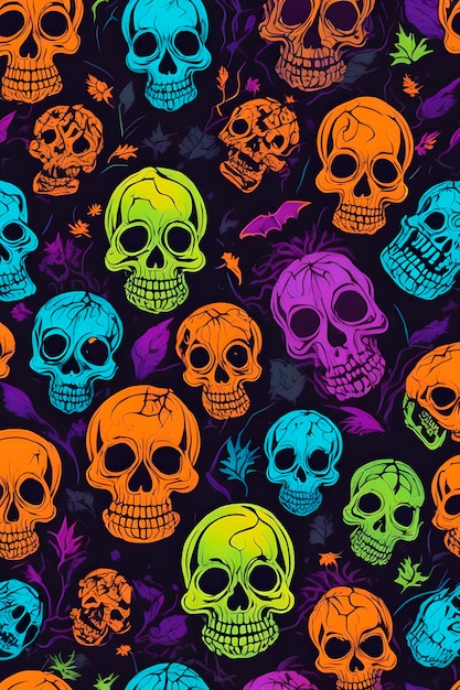 background pattern of colorful skulls halloween acid colors