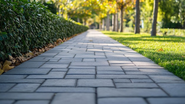 Photo background of a pedestrian sidewalk with smooth pavers bordered by a low concrete wall and greenery