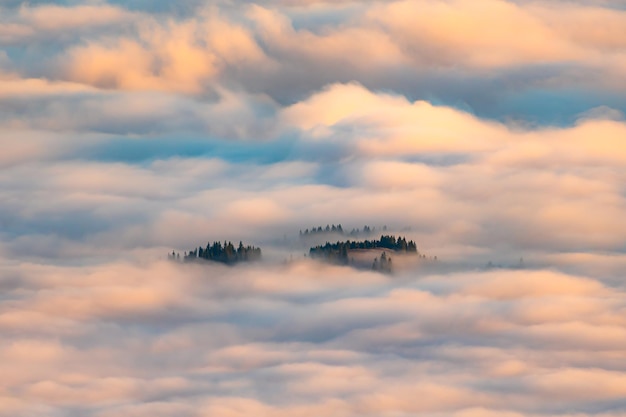 Background photo of low clouds in a mountain valley, vibrant blue and orange sky. Sunrise or sunset view of mountains and peaks peaking through clouds. Winter alpine like landscape of Carpathians.