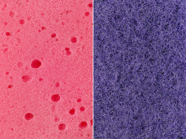 Photo background, photo texture of purple synthetic fiber and pink foam rubber, close-up.