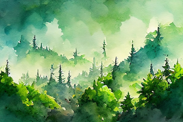 Background of Pine Forest In The Mountain Watercolor Painting Landscape Picture Painting art Green and Fresh Color