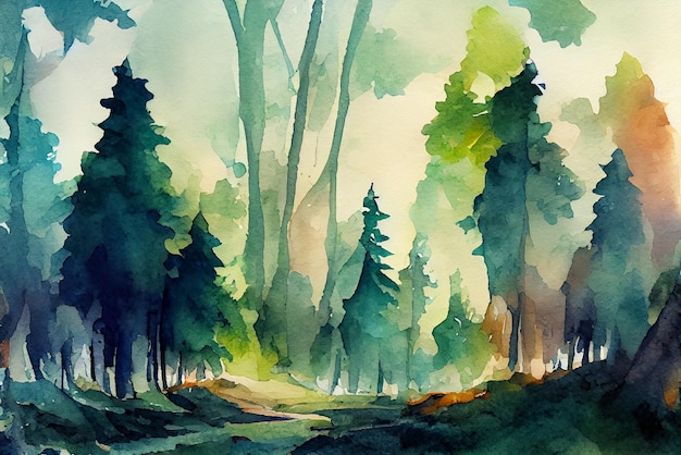 Background of Pine Forest In The Mountain Watercolor Painting Landscape Picture Painting art Green and Fresh Color