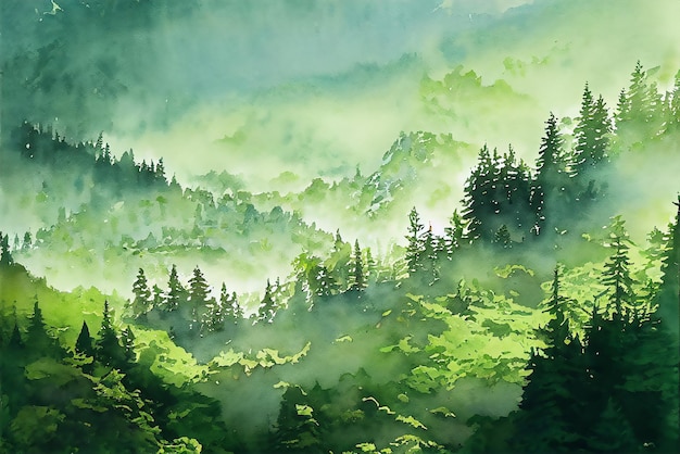 Background of Pine Forest In The Mountain Watercolor Painting Landscape Picture Painting art Green and Fresh Color