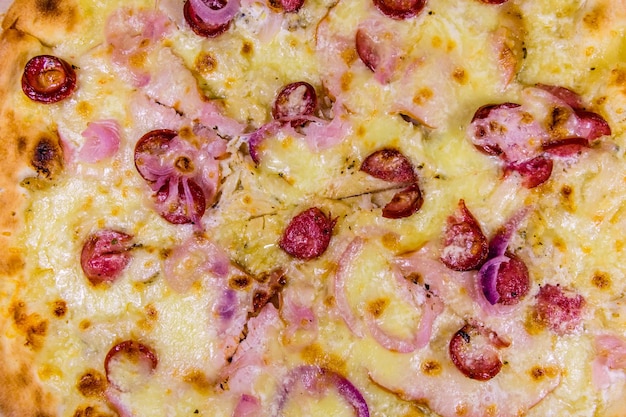 Background of the pizza with sausages ham and parmesan cheese