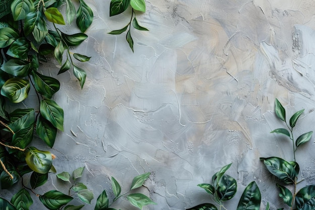 Photo background of plaster walls decorated with green leaves for design