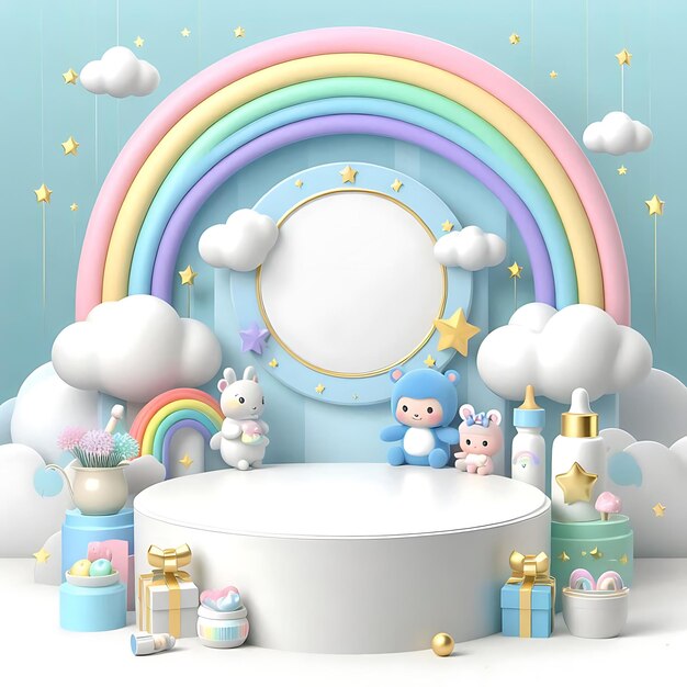 Background podium baby cute product 3d cloud kid children display banner room toy design blue