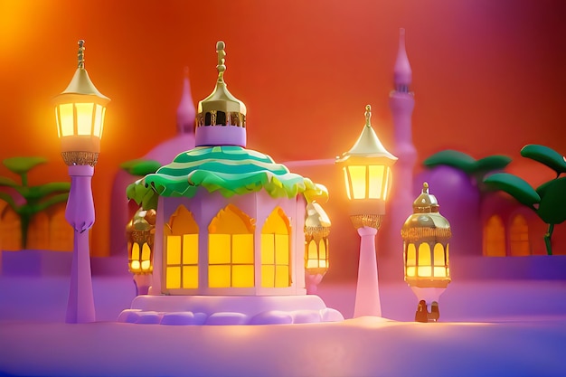 Background of Ramadan Colorful Mosque Lantern with Glowing Lights