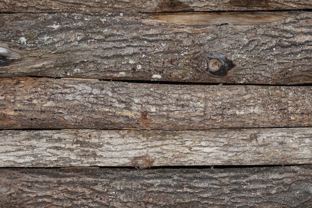 Background of raw boards with tree bark on one side