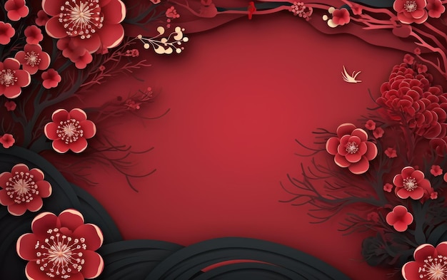 Background Red flowers ornament on red background Chinese lanterns during the new year festival