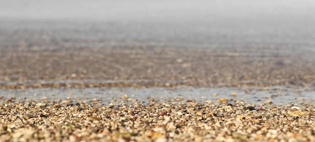 A background of sand small pebbles and flowing wave on the sea beach Summer vacation concept