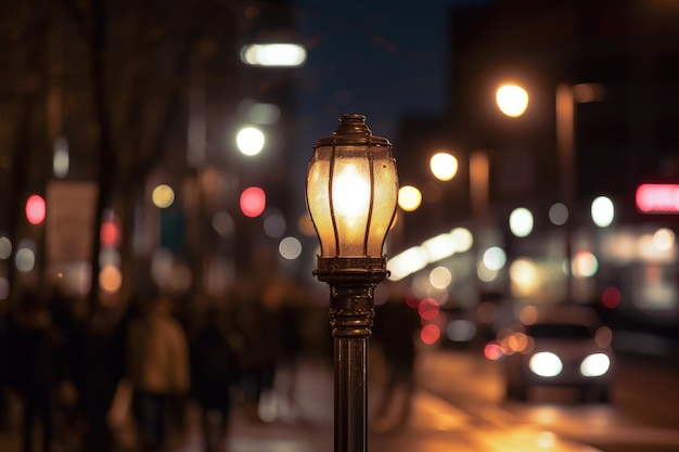 Background scene with a street lamp and bokeh effect in the city center at night Generative AI