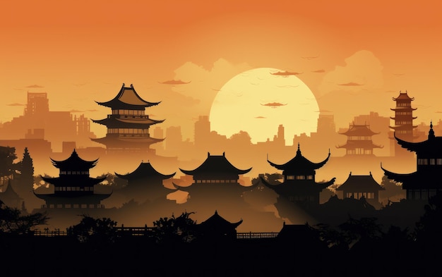 Background scene with traditional chinese buildings silhouette at sunset