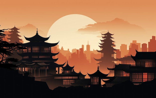 Background scene with traditional chinese buildings silhouette at sunset