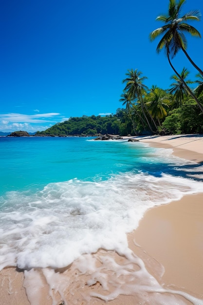 background Serene deserted beach a pristine oasis where blue waters meet golden sands