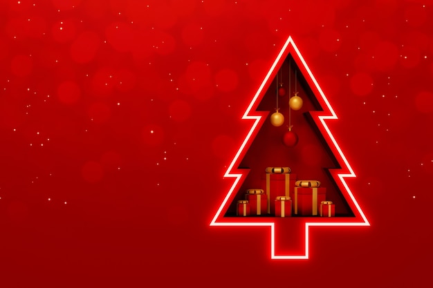 Background shelf christmas tree shape with gift box and decorate element on red background