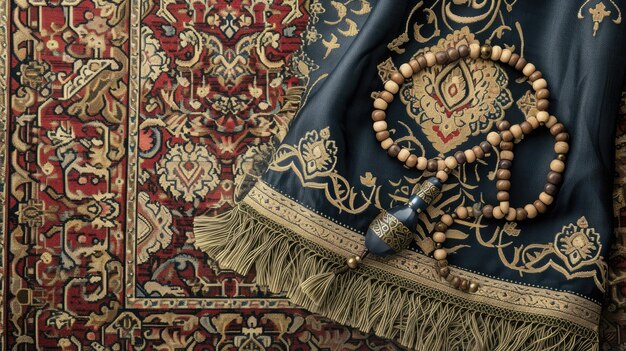 Background showcasing an Arabian carpet with prayer beads and Quran