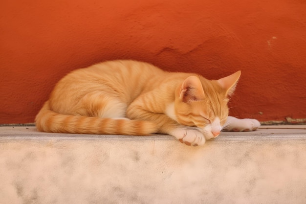 Background of a sleeping orange cat on a red step