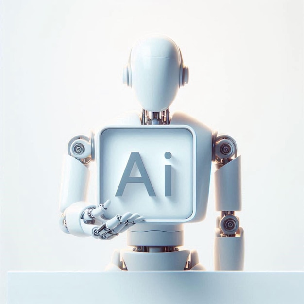 Photo background of a smart robot holding a device with ai written inside it