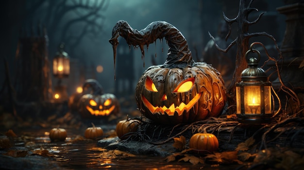 background spooky halloween pumpkins with orange lights