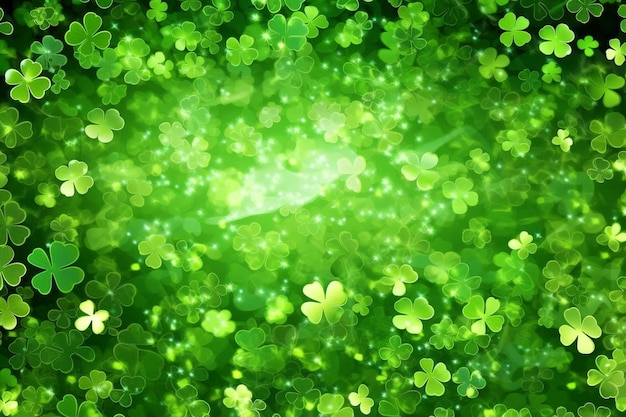 Photo background on st patricks day made of crystal clover leaves and other symbols in light green colors