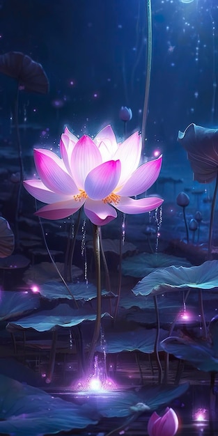 The background starlight is shining brightly a pink lotus is in full bloom crystal clear and picky the heart of the flower is like a firefly shining generat ai