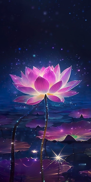 The background starlight is shining brightly a pink lotus is in full bloom crystal clear and picky the heart of the flower is like a firefly shining generat ai