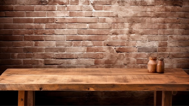 Background for still lifes and other compositions an empty rustic brown wooden table against a brick wal Generative AI