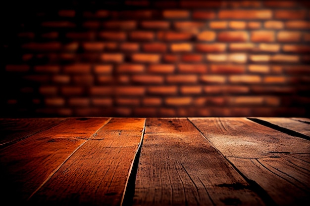 Background for still lifes and other compositions an empty rustic brown wooden table against a brick wall Generative AI